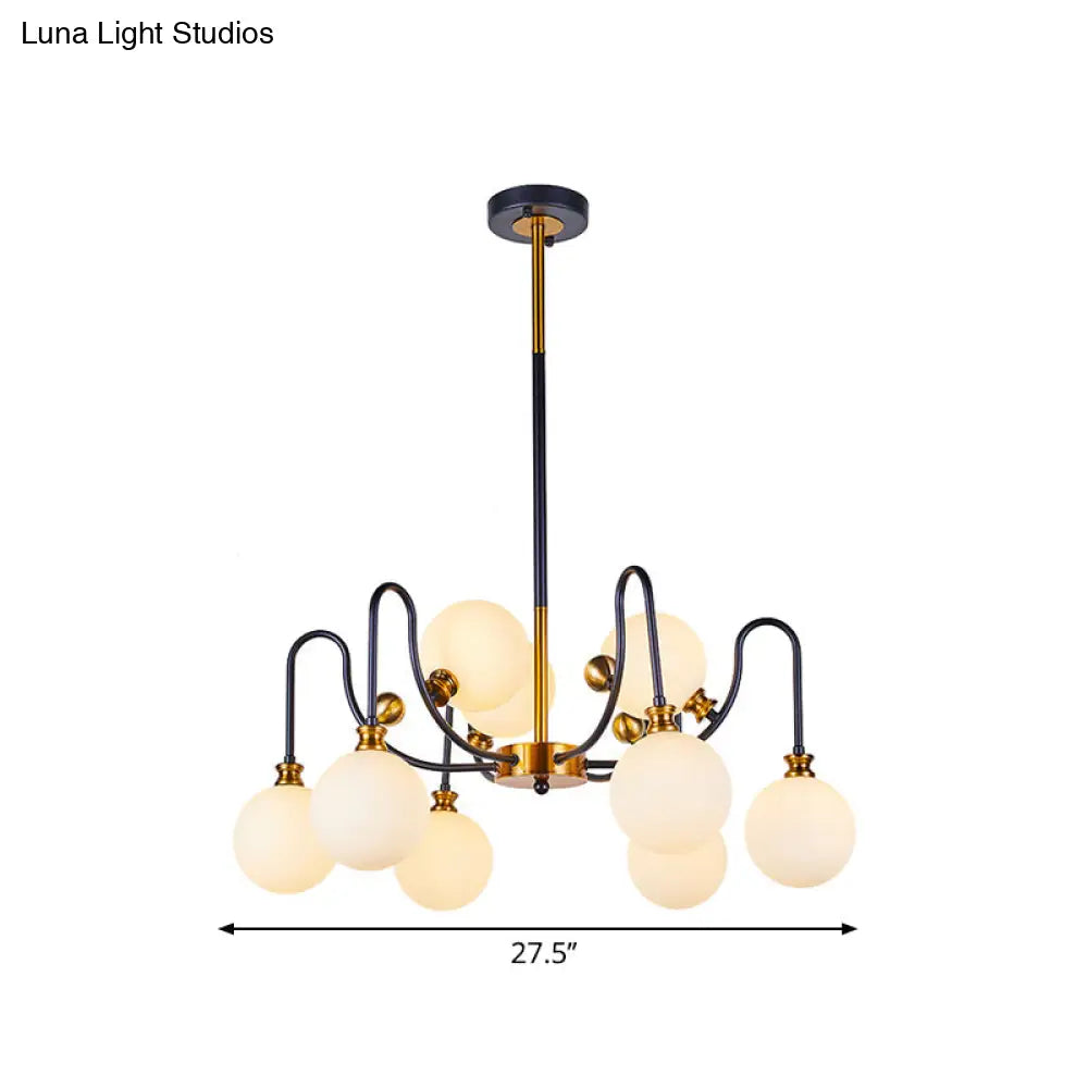 Sleek Opal Glass Pendant Chandelier - Modernist Spherical Down Lighting Black-Gold Finish 6/9 Bulb