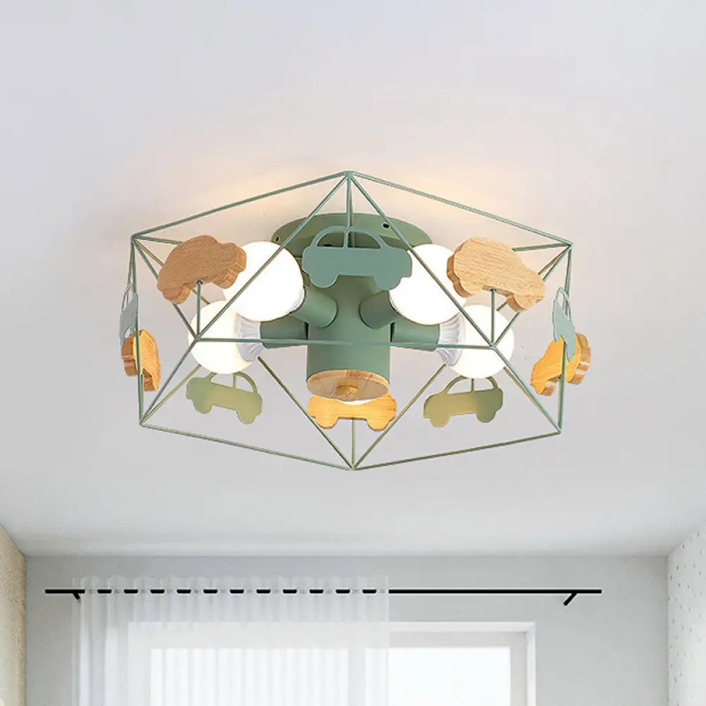 Sleek Pentagon Frame Semi-Mount Metal Lighting Macaron In Grey/Green/Pink Finish – 5 Bulbs