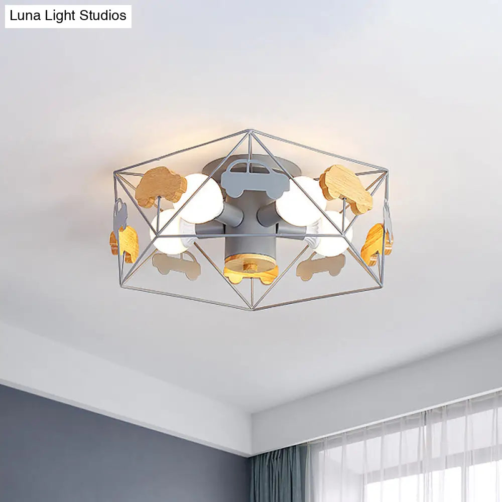 Sleek Pentagon Frame Semi-Mount Metal Lighting Macaron In Grey/Green/Pink Finish – 5 Bulbs