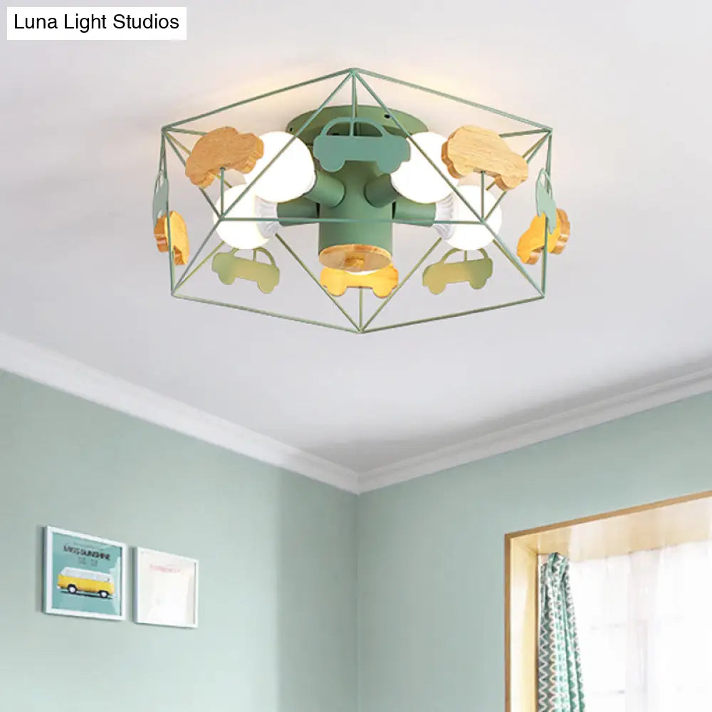Sleek Pentagon Frame Semi-Mount Metal Lighting Macaron In Grey/Green/Pink Finish – 5 Bulbs