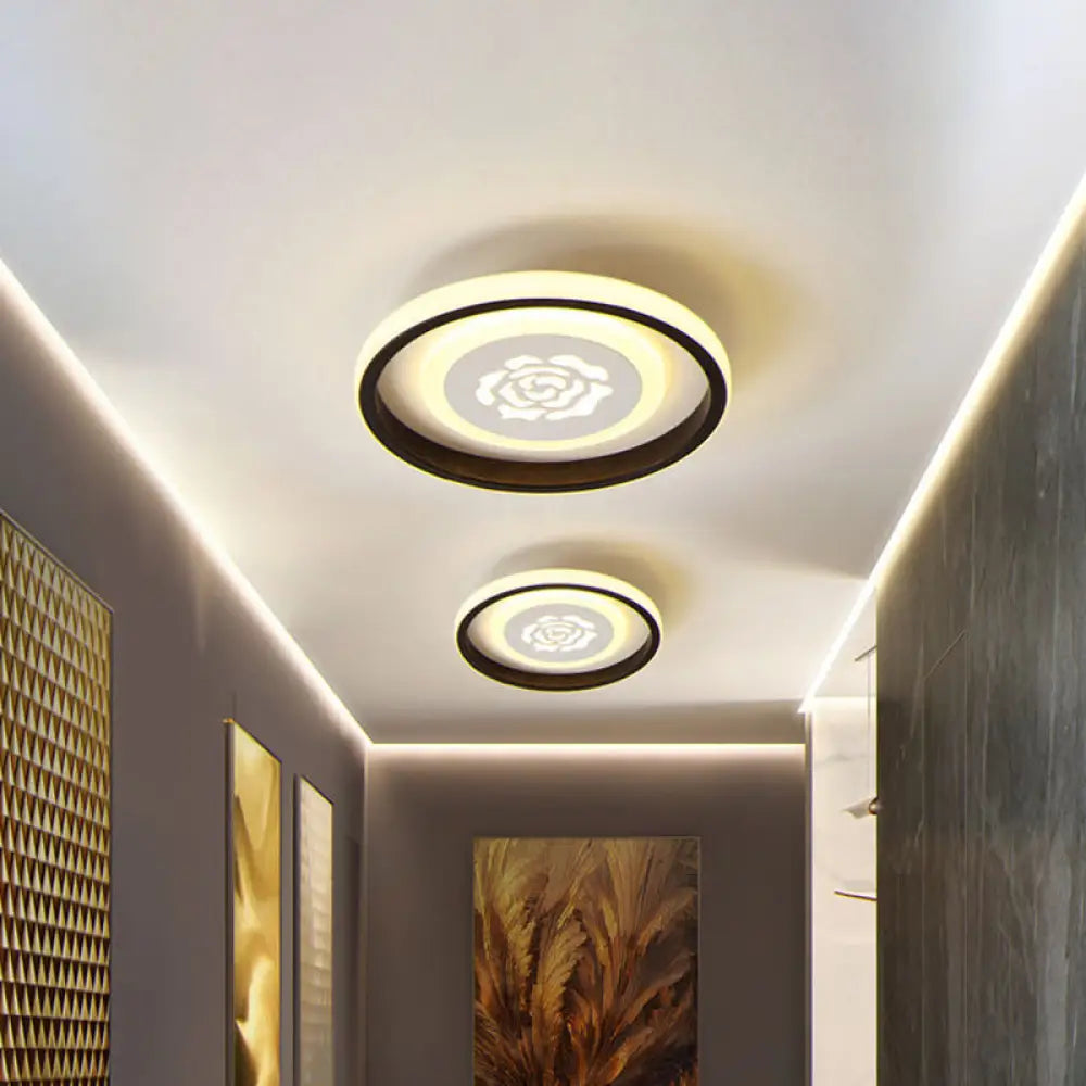 Smile/Anchor/Panda Pattern Circular Led Flush Ceiling Mount Lamp In Cartoon Acrylic Black / Flower