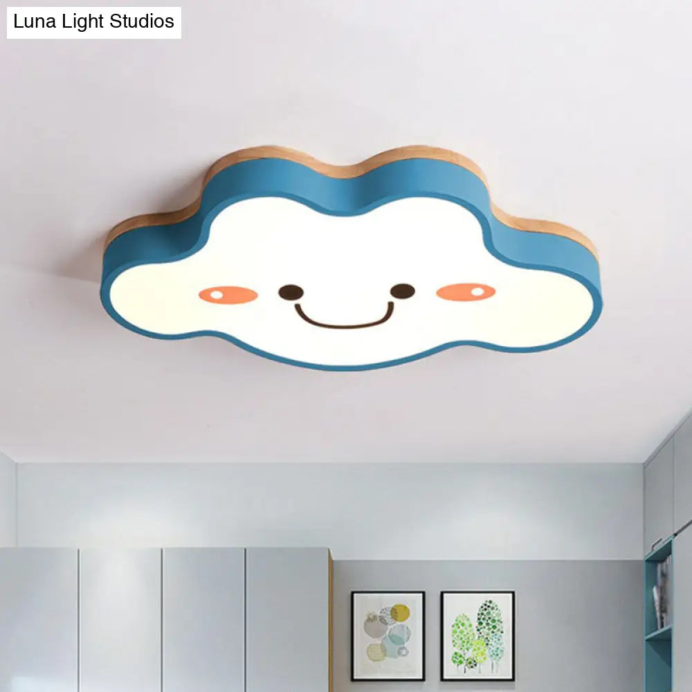 Smiling Cloud Led Flush Mount Ceiling Light - Frosted Acrylic Bedroom Lighting Fixture For Kids Blue