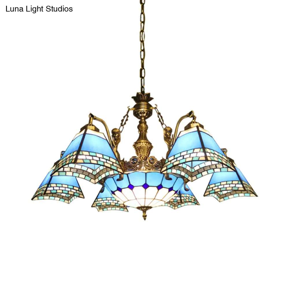 Stained Glass Pyramid Chandelier - 9-Light Mediterranean Fixture In Blue