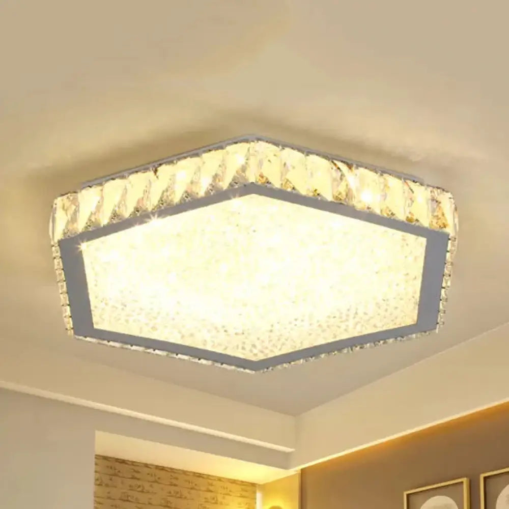 Stylish Hexagon Ceiling Mount Light With Clear Crystals - Perfect For Foyers White / Warm