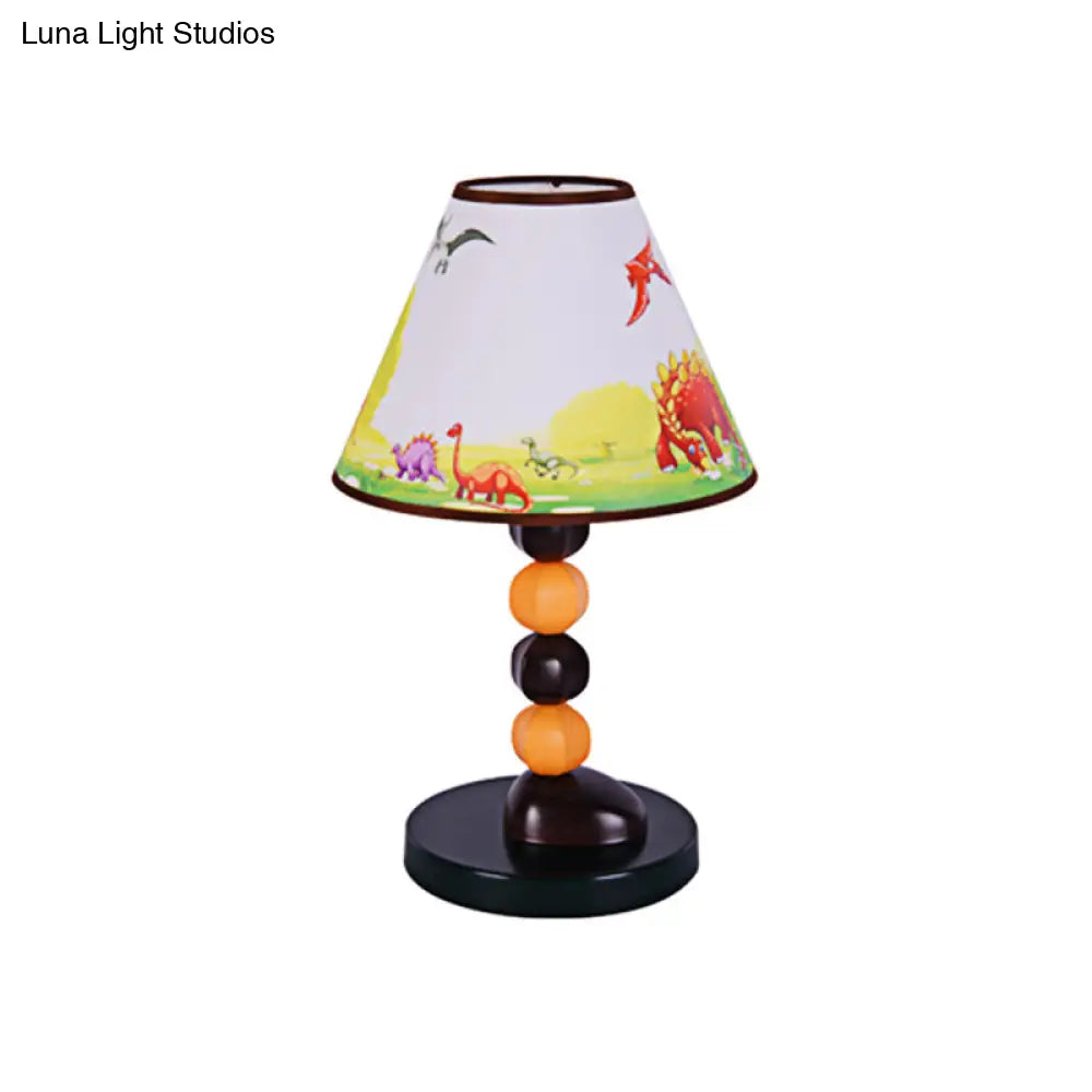 Stylish White Conic Shade Table Lamp With Cartoon Rudder/Dinosaur Pattern - 1 Light Fabric And Metal