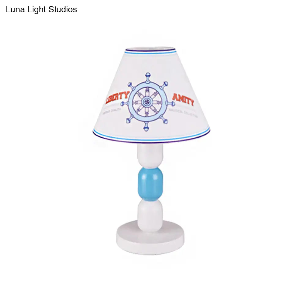 Stylish White Conic Shade Table Lamp With Cartoon Rudder/Dinosaur Pattern - 1 Light Fabric And Metal
