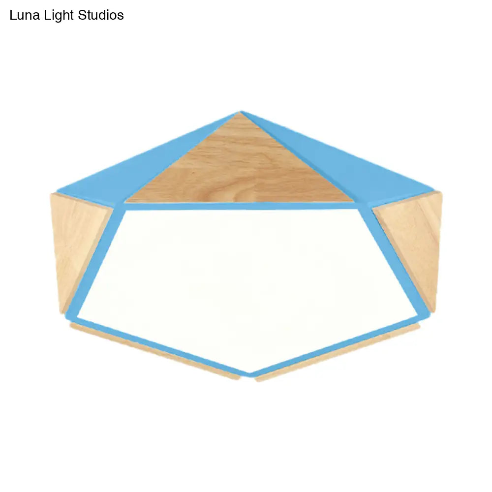 Stylish Wood Led Flush Light For Kids Bedroom - Pentagon Ceiling Mount Macaron Design