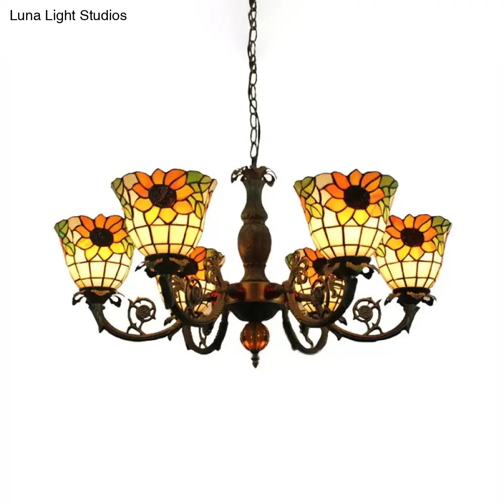 Sunflower 6-Light Tiffany Style Stained Glass Chandelier - Ideal For Living Room