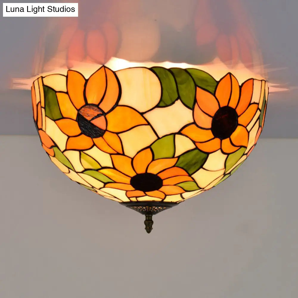 Sunflower Stained Glass Ceiling Fixture - Tiffany 2/3 Lights Yellow & Green Flushmount Lamp