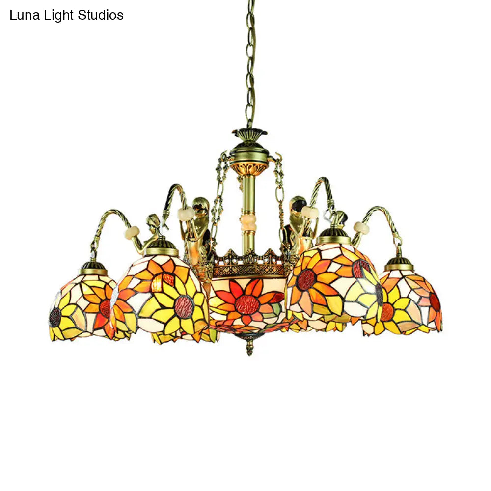 Sunflower Tiffany Cut Glass Pendant Chandelier With 9/11 Tribute Lights In Orange For Bedroom
