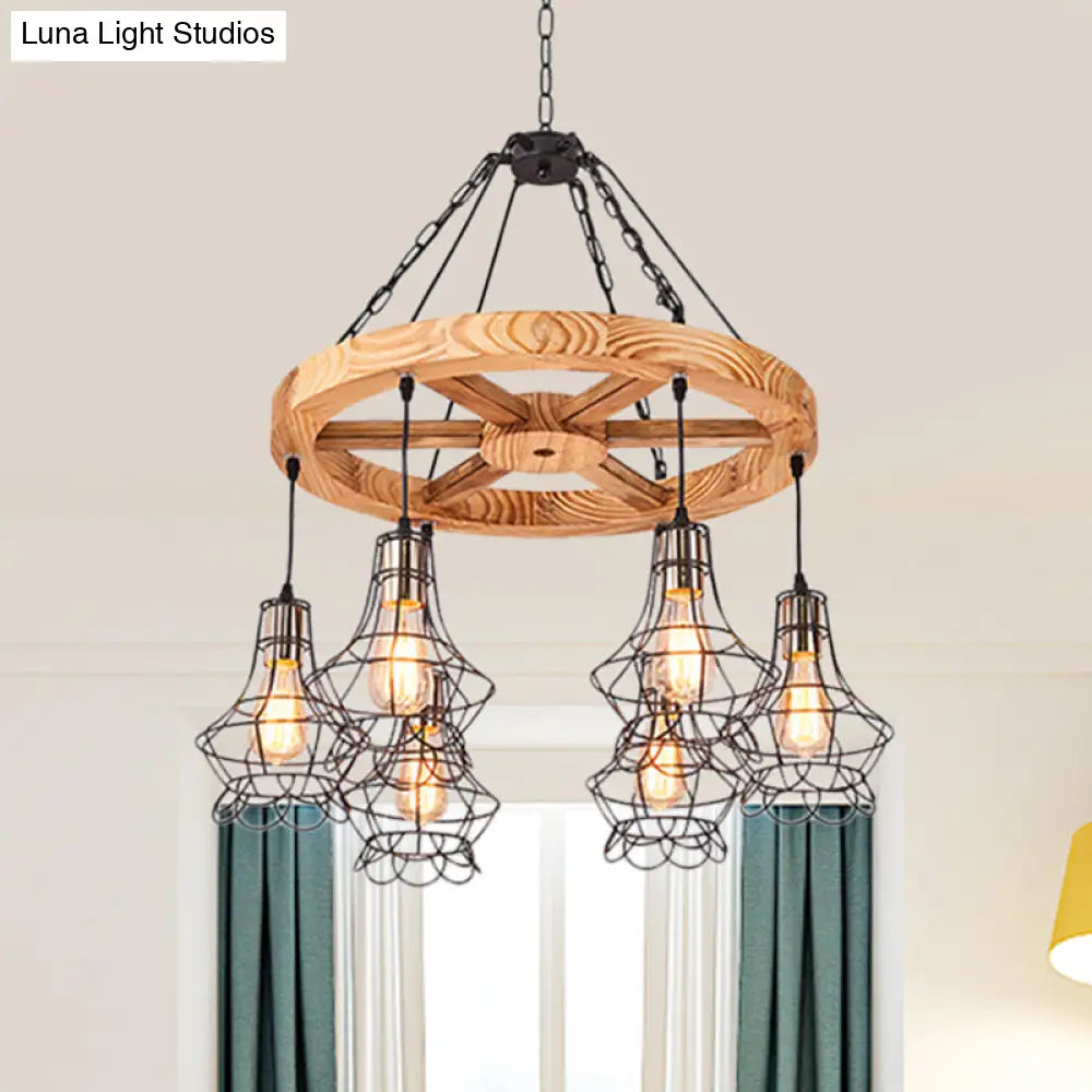 Suspension Wooden Wagon Wheel Chandelier - Rustic 6/8-Light Fixture With Wire Cage For Dining Hall