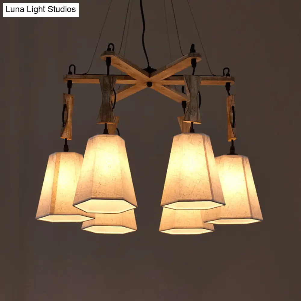 Tapered Fabric Chandelier With 6 Traditional Lights - Living Room Pendant In White/Black/Flaxen