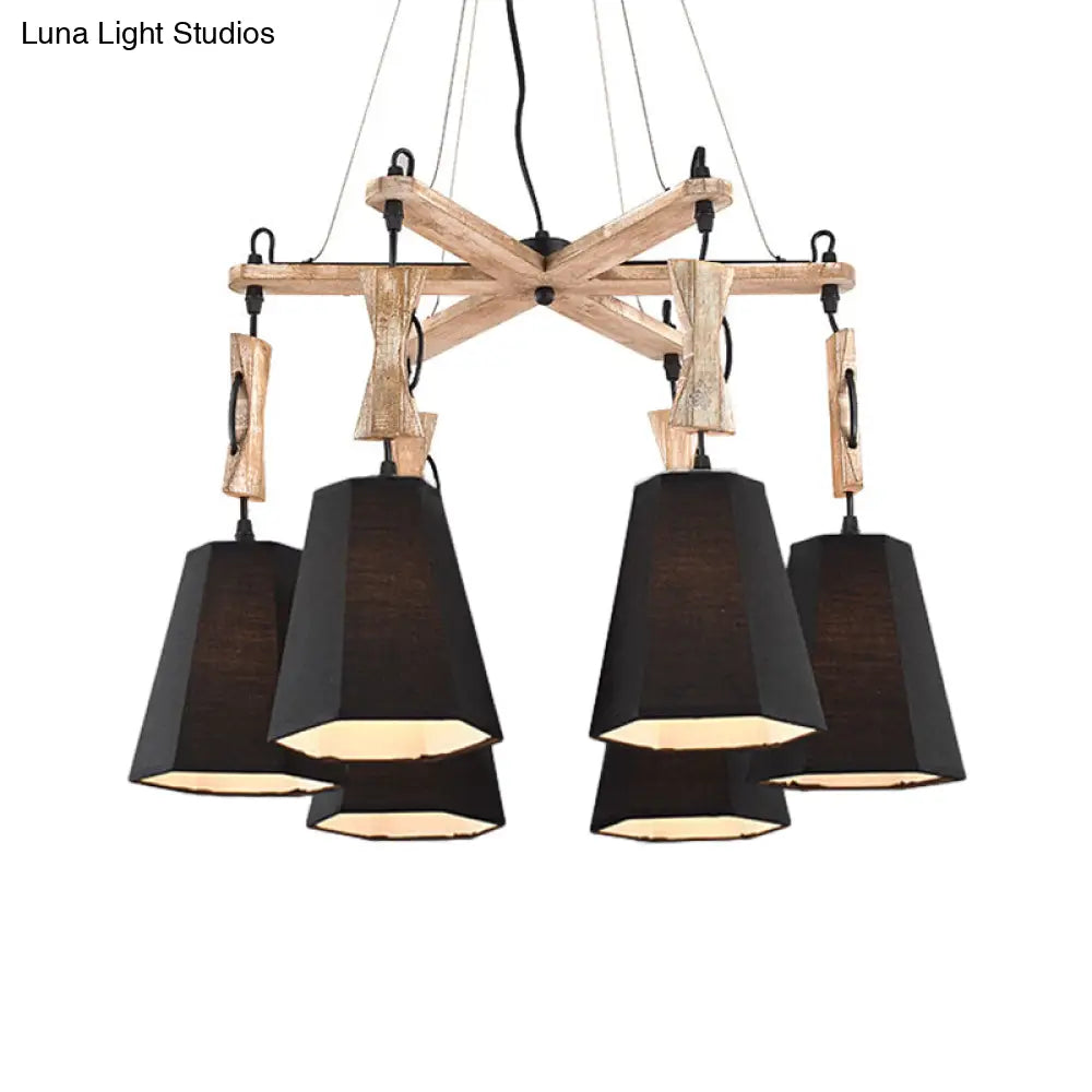 Tapered Fabric Chandelier With 6 Traditional Lights - Living Room Pendant In White/Black/Flaxen