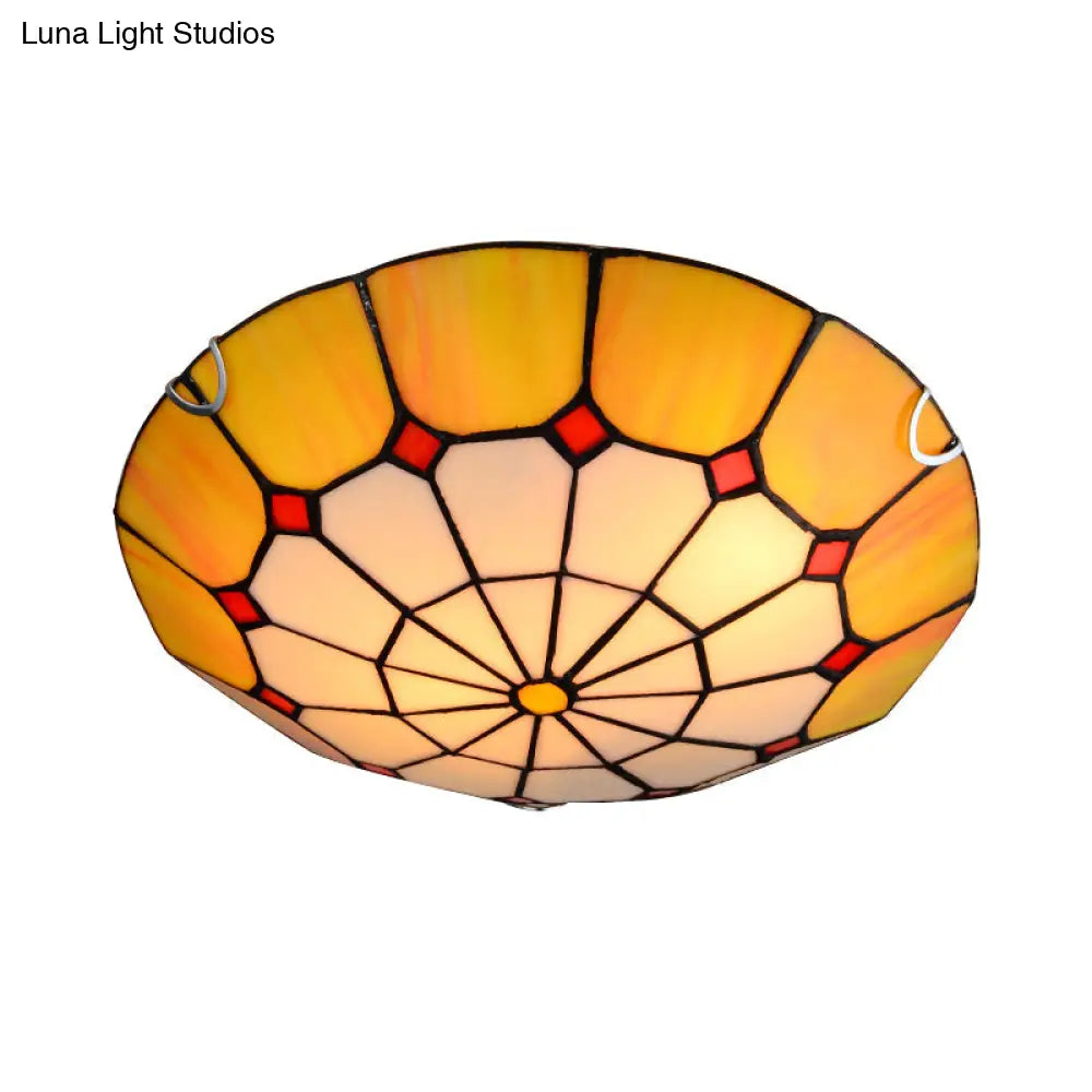 Tiffany Antique Art Glass Grid Bowl Ceiling Lamp In Blue/Orange/Yellow - 12’/16’ Width Bedroom Mount
