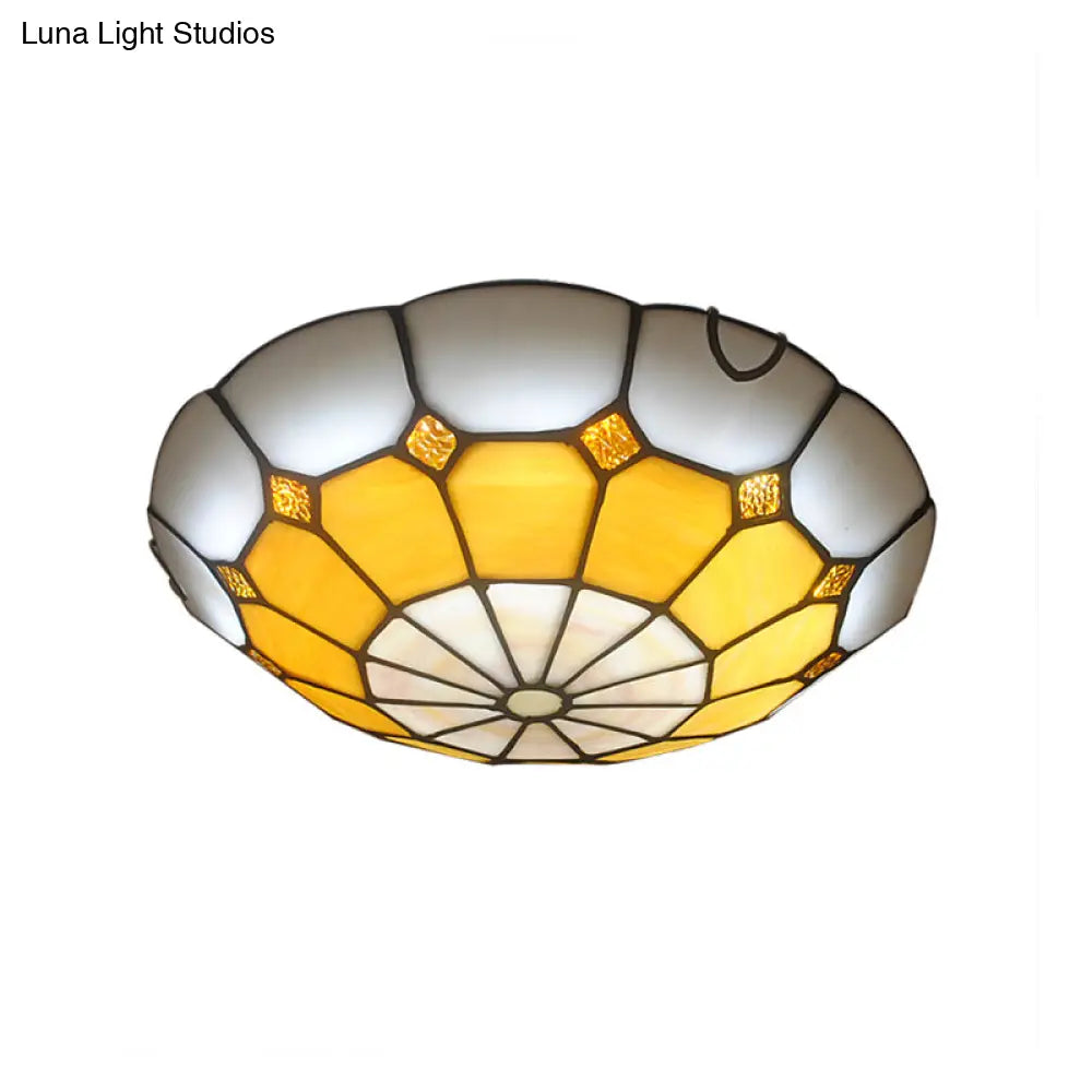 Tiffany Antique Art Glass Grid Bowl Ceiling Lamp In Blue/Orange/Yellow - 12’/16’ Width Bedroom Mount