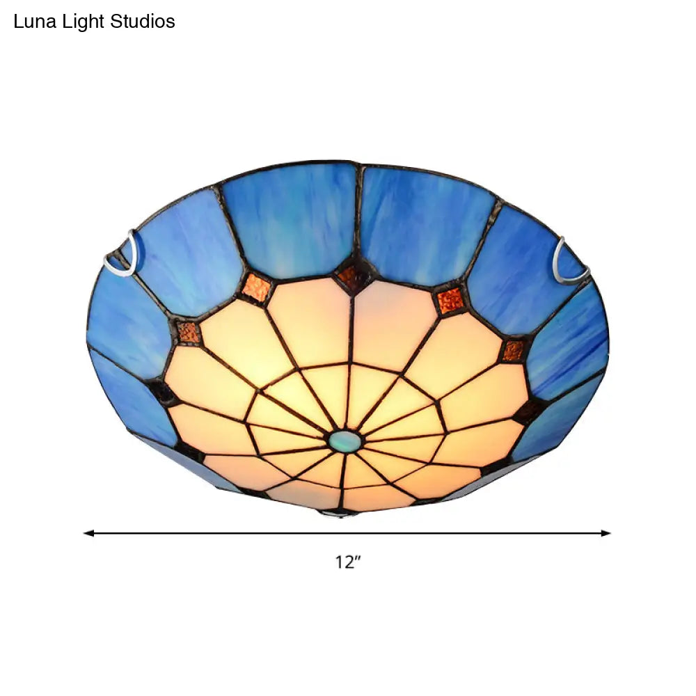 Tiffany Antique Art Glass Grid Bowl Ceiling Lamp In Blue/Orange/Yellow - 12’/16’ Width Bedroom Mount