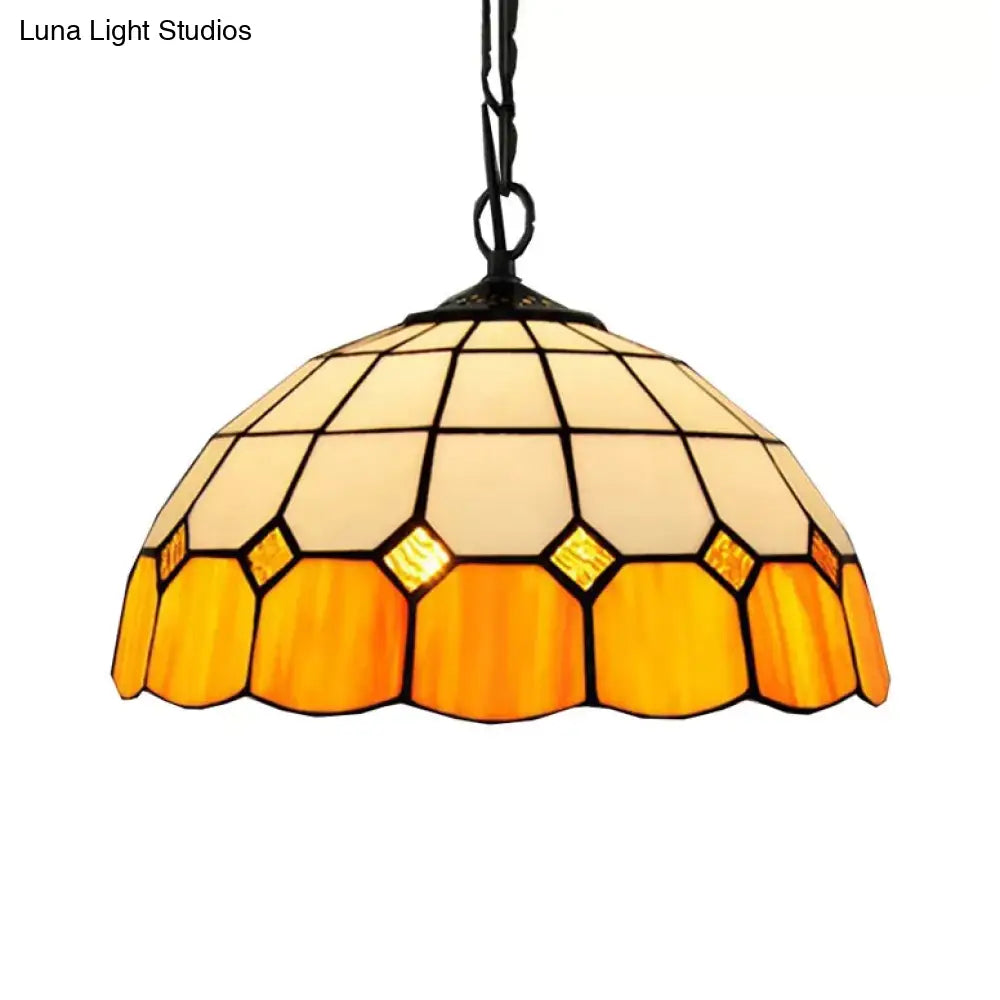 Tiffany Art Glass Dome Pendant Light - Beige/Orange/Blue 1 Bulb Ceiling Hang Fixture For Living