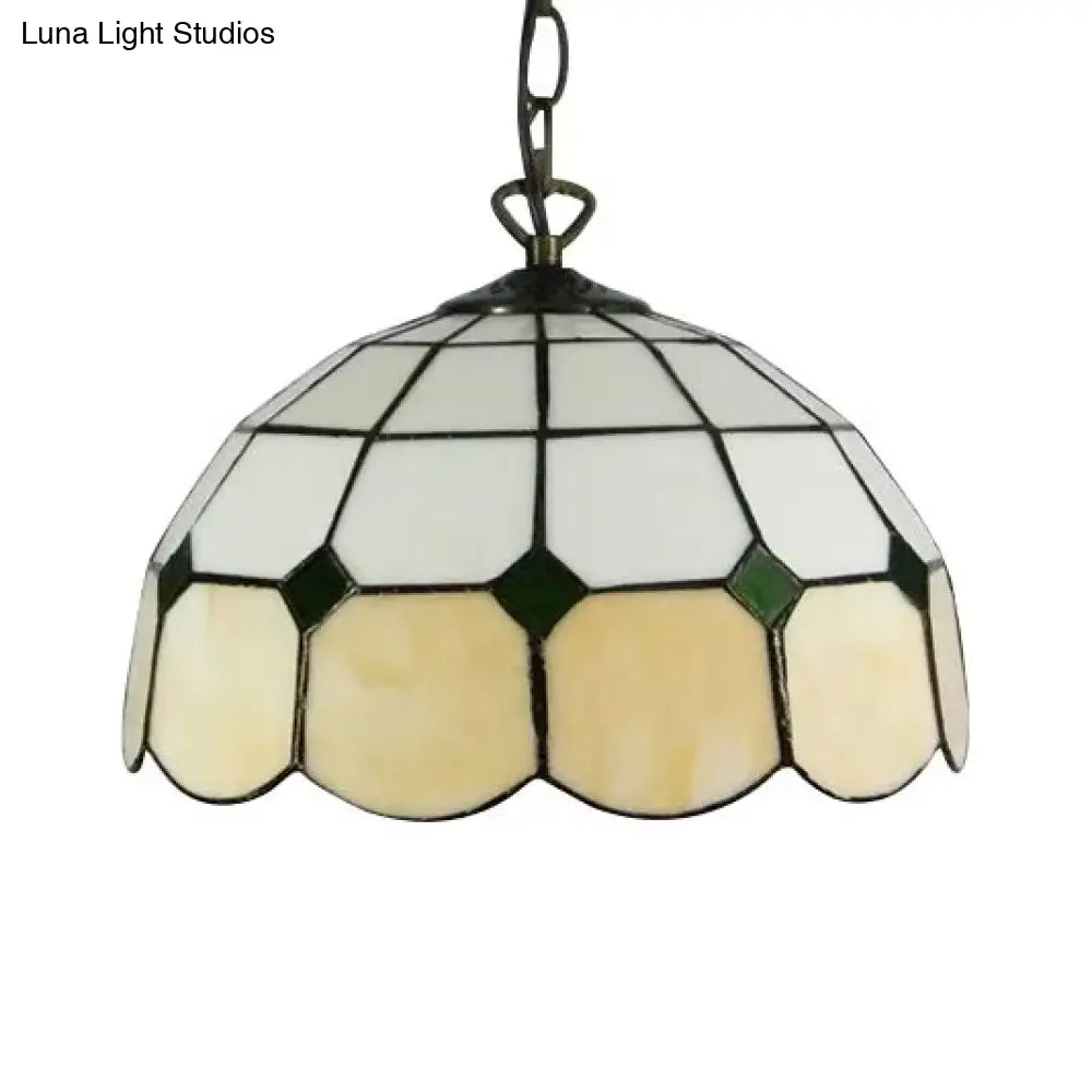 Tiffany Art Glass Dome Pendant Light - Beige/Orange/Blue 1 Bulb Ceiling Hang Fixture For Living