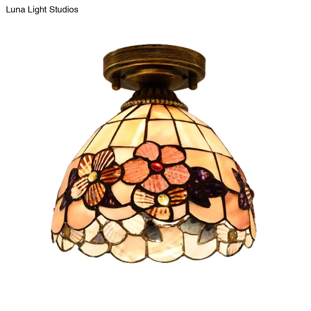 Tiffany Beige/Pink/Orange Shell Mini Flush Light Fixture - Natural Decorative Ceiling Lamp