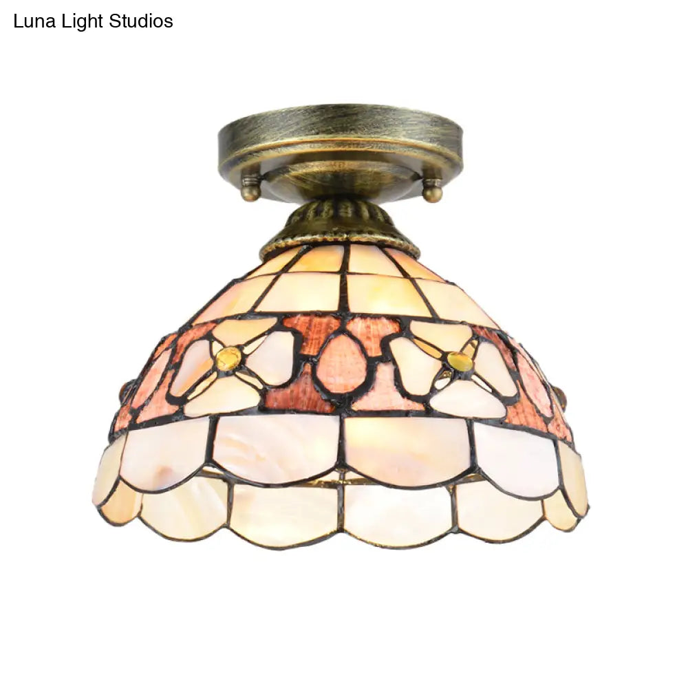 Tiffany Beige/Pink/Orange Shell Mini Flush Light Fixture - Natural Decorative Ceiling Lamp