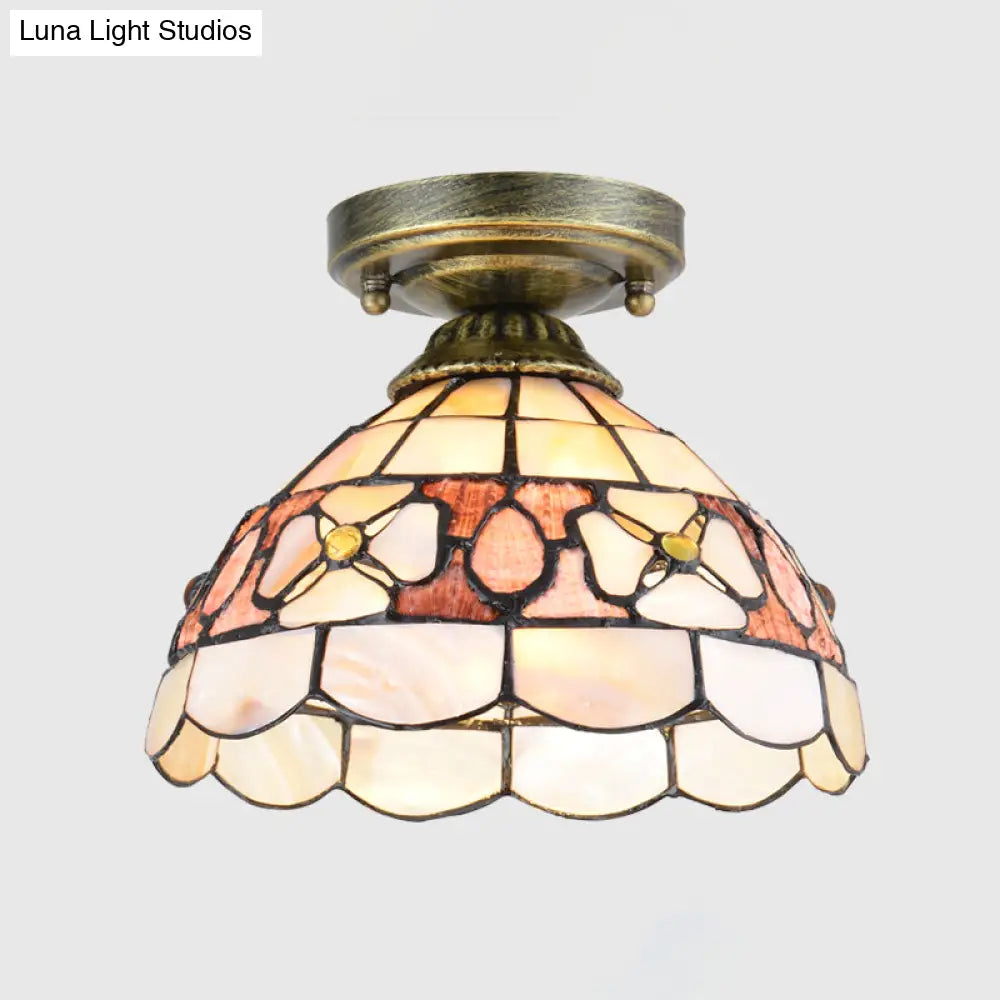 Tiffany Beige/Pink/Orange Shell Mini Flush Light Fixture - Natural Decorative Ceiling Lamp