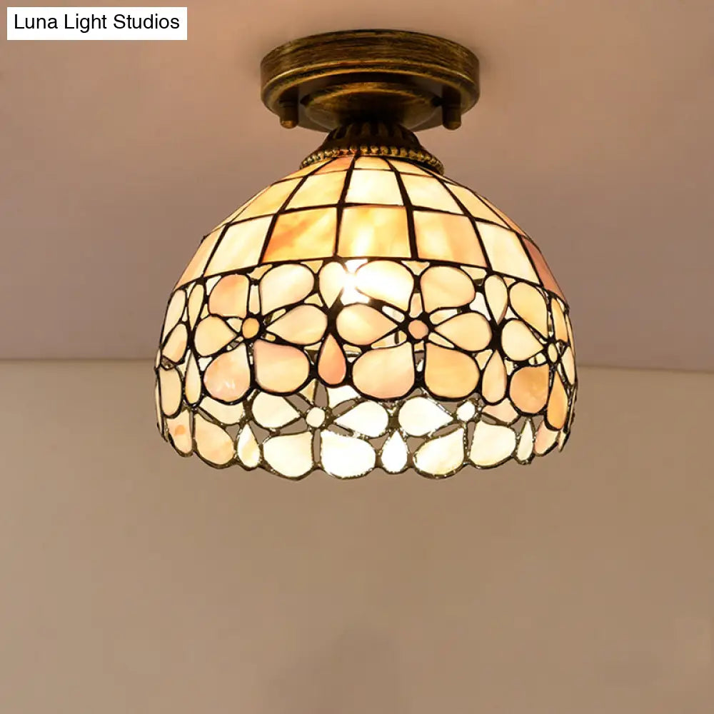 Tiffany Beige/Pink/Orange Shell Mini Flush Light Fixture - Natural Decorative Ceiling Lamp
