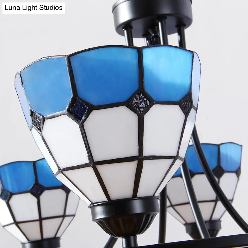Tiffany Classic Chandelier: Metal Ring Suspension Light With Grid Bowl (6/8 Lights) In Blue And