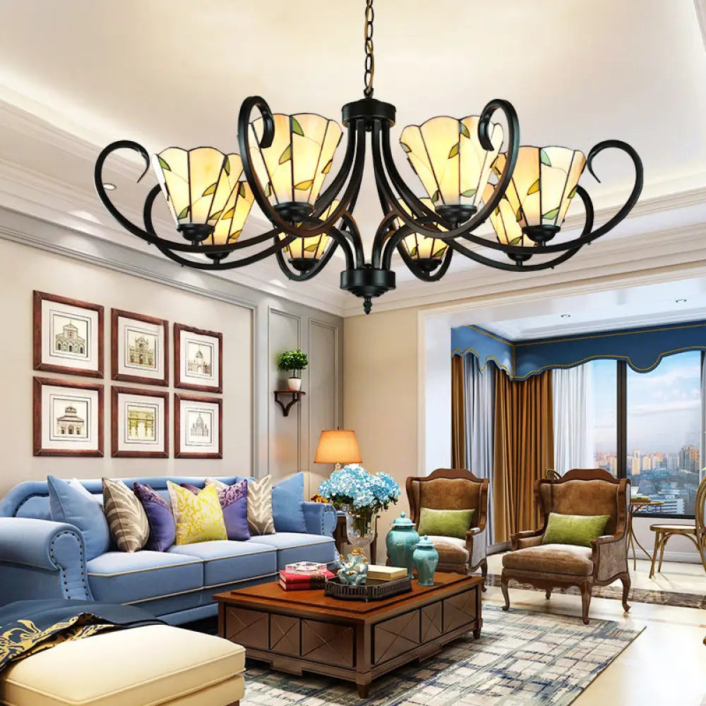 Tiffany Cone Chandelier Lamp With Stained Glass And Beige Shade For Bedroom - 5/6/8 Heads 8 /