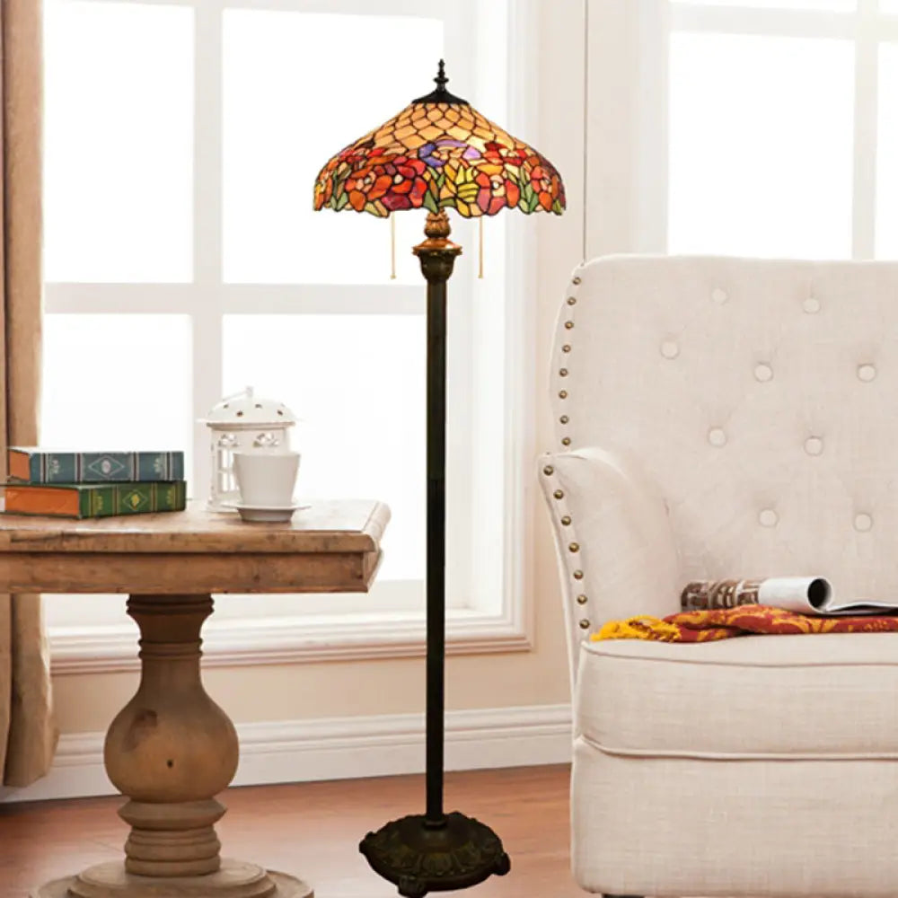 Tiffany Dome Shade Floor Lamp - Handcrafted Glass Pull Chain 2 Bulbs Rose Red