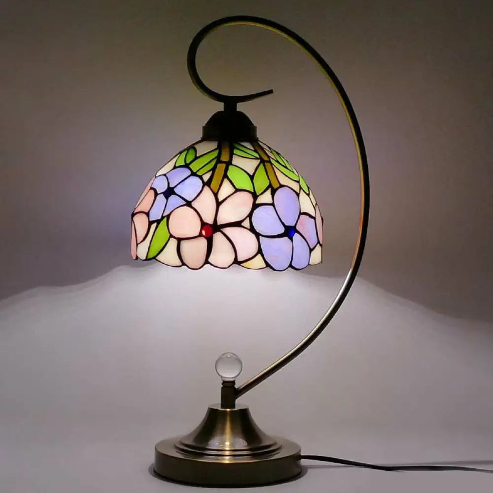 Tiffany Gooseneck Table Lamp - Metal Nightstand Light With Hand-Cut Glass Shade Purple-Pink