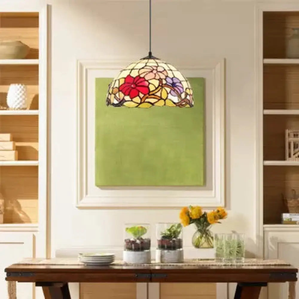 Tiffany Handcrafted Flower Pattern Dome Ceiling Light - 1 Head Black 8’/12’/16’ Width / 16’