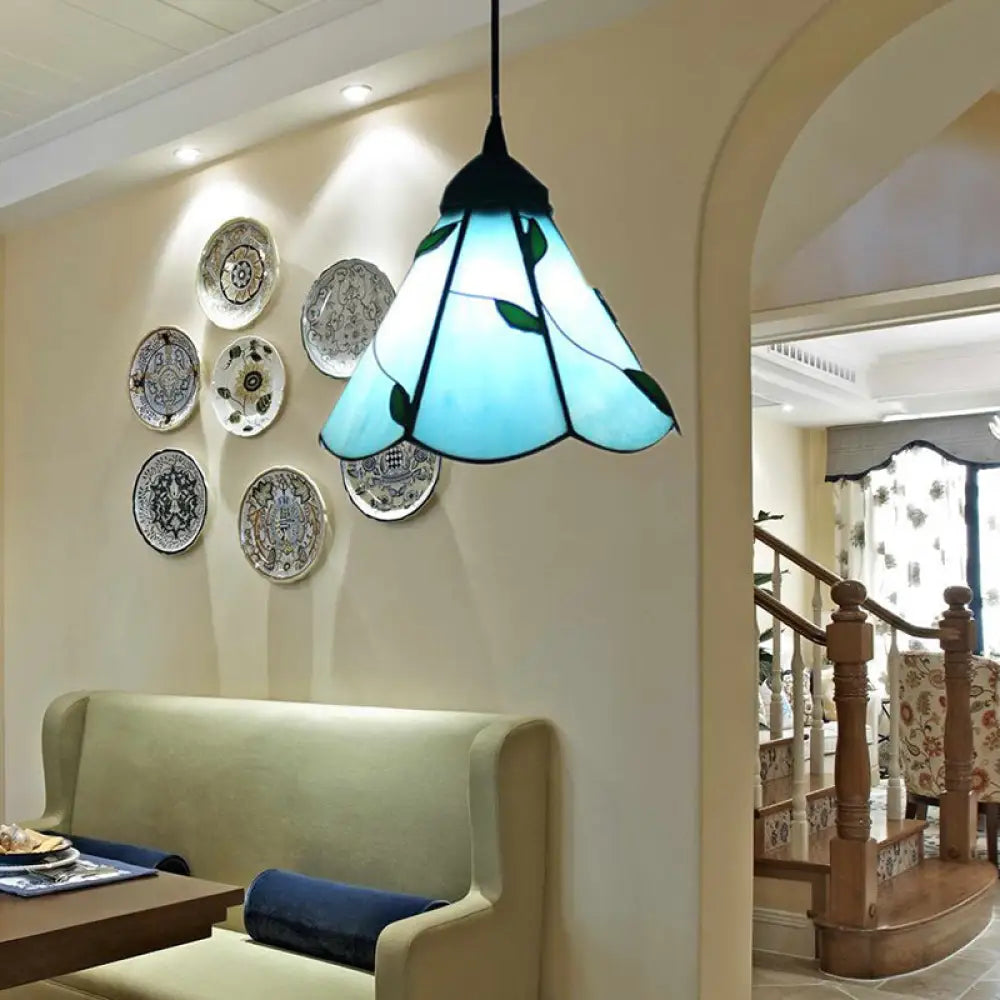 Tiffany Inspired Stained Glass Pendant Lamp Kit - Scalloped Design Blue/Beige 3 Bulbs Ideal For