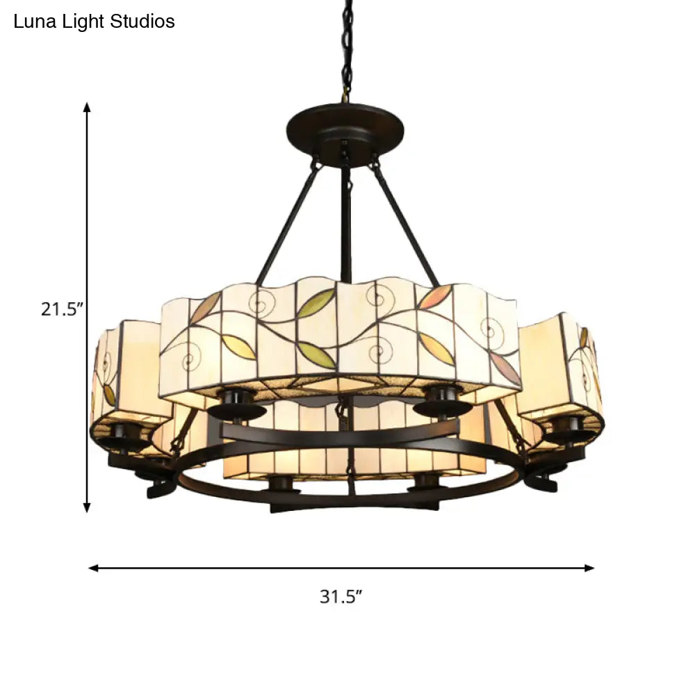 Tiffany Lodge Pendant Light - Stained Glass Drum Chandelier With Leaf Accent Adjustable Hanging In