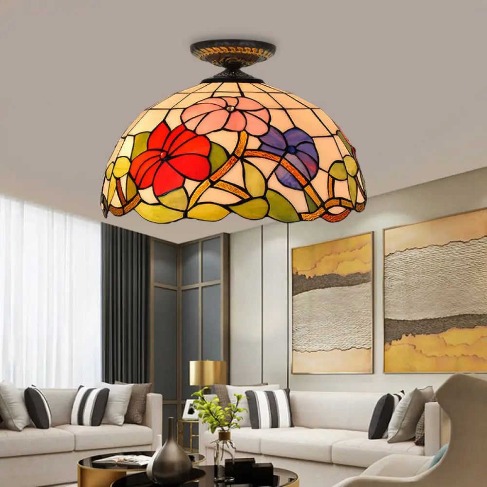Tiffany Peony Flush Mount Lamp: Stained Glass Ceiling Lighting Fixture In Bronze 12’/16’ Wide / 16’