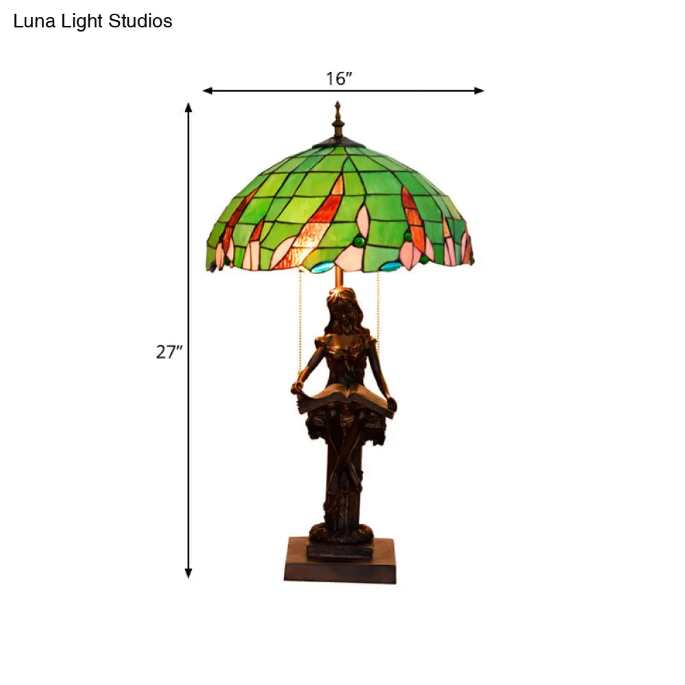 Tiffany Resin Table Lamp With 2 Heads Pull Chain And Green Glass Shade - Ideal For Nightstand Or