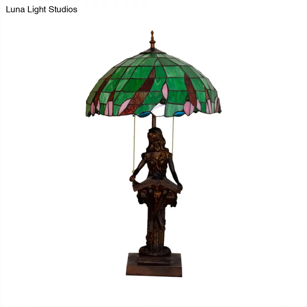 Tiffany Resin Table Lamp With 2 Heads Pull Chain And Green Glass Shade - Ideal For Nightstand Or