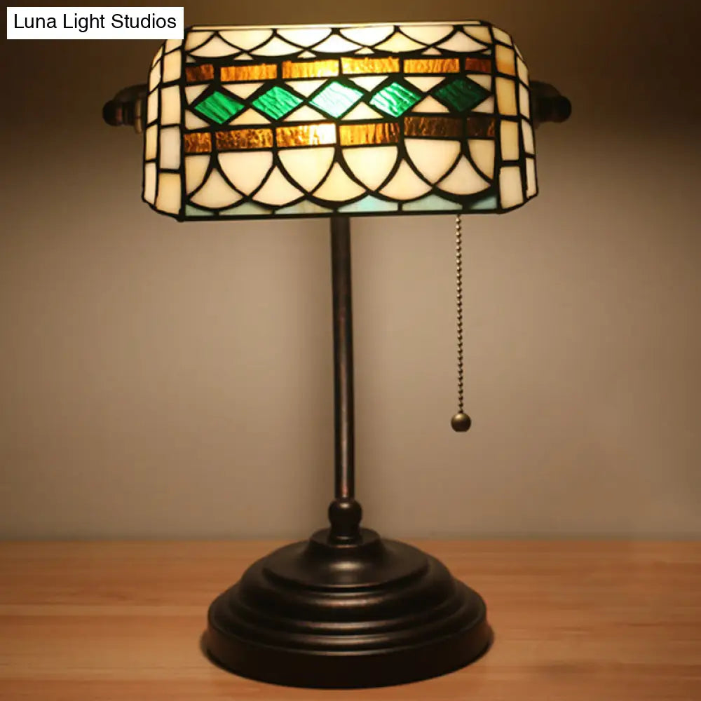Tiffany Rhombus Patterned Desk Lamp With Cut Glass Pull Chain In Brown/Blue/Green/White