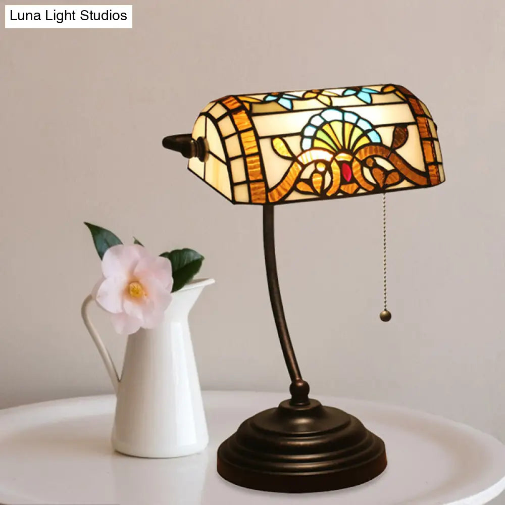 Tiffany Rhombus Patterned Desk Lamp With Cut Glass Pull Chain In Brown/Blue/Green/White