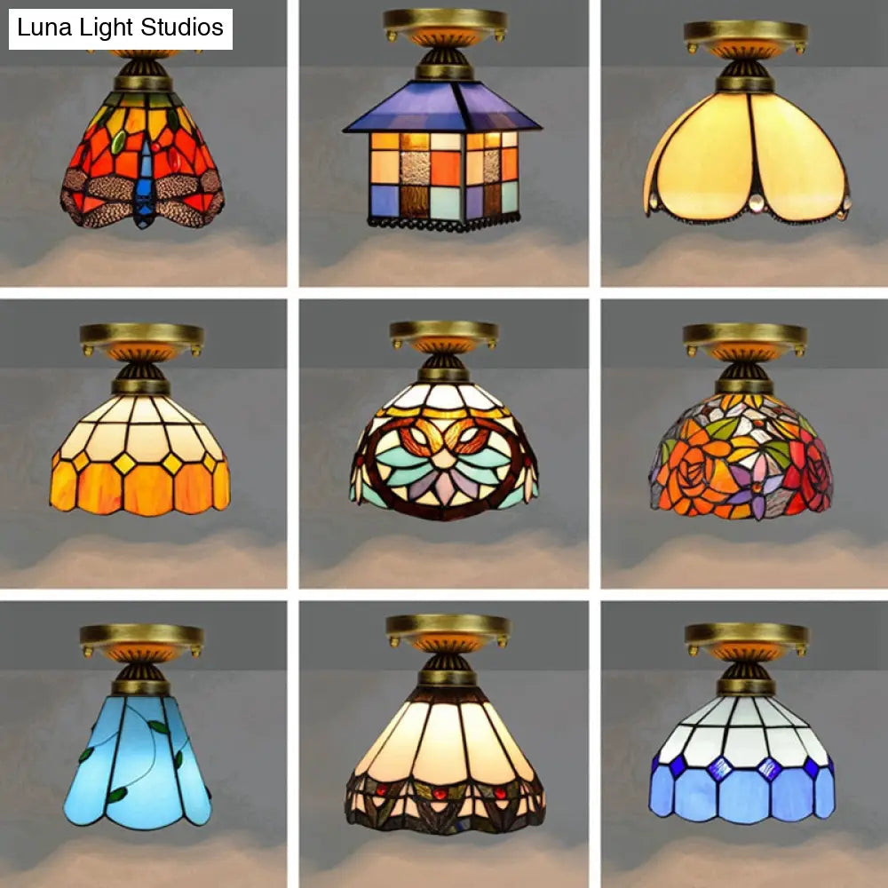 Tiffany Stained Art Glass Semi Flush Mount Ceiling Light - Single - Bulb Shaded Fixture