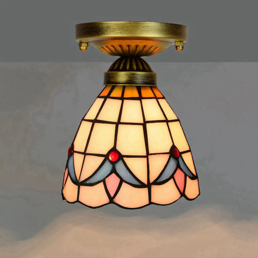 Tiffany Stained Art Glass Semi Flush Mount Ceiling Light - Single - Bulb Shaded Fixture White