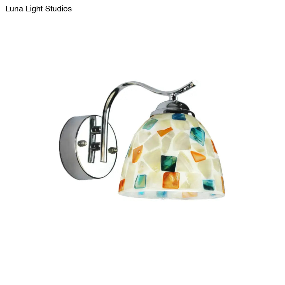 Tiffany Stained Shell Bowl Wall Light Fixture - 1 Head Chrome Sconce With Curved Arm