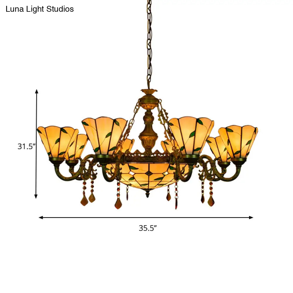 Tiffany Style Agate Leaf Chandelier In Antique Art Glass - 7/9/13 Lights Beige Ideal For Hotels