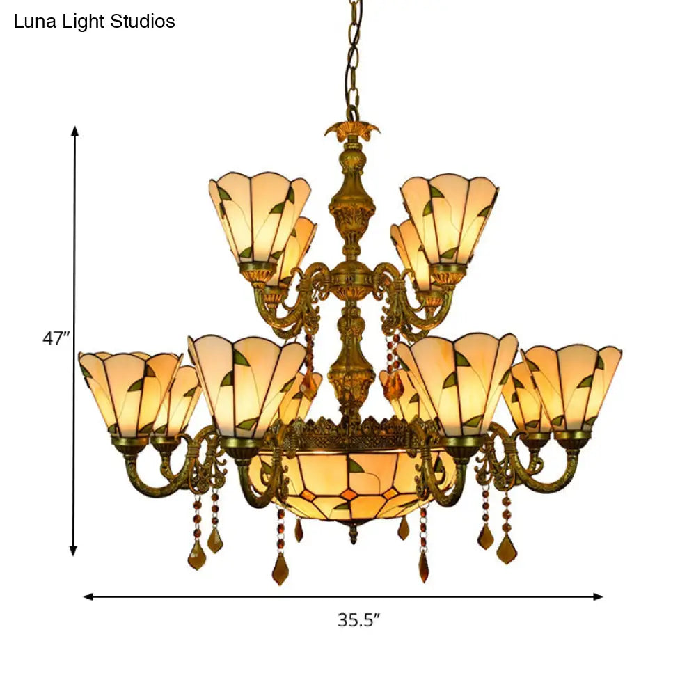 Tiffany Style Agate Leaf Chandelier In Antique Art Glass - 7/9/13 Lights Beige Ideal For Hotels