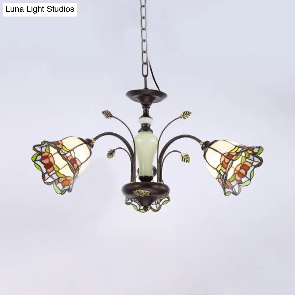 Tiffany Style Art Glass Pendant Chandelier With Floral Design & Bronze Finish For Bedroom - 3/6/8