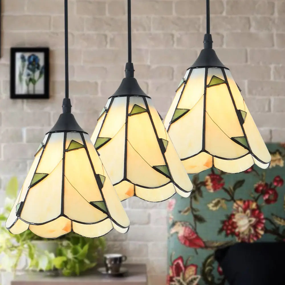 Tiffany-Style Handcrafted Glass Ceiling Lamp With Bell Design - 3-Bulb Suspension Light Beige /