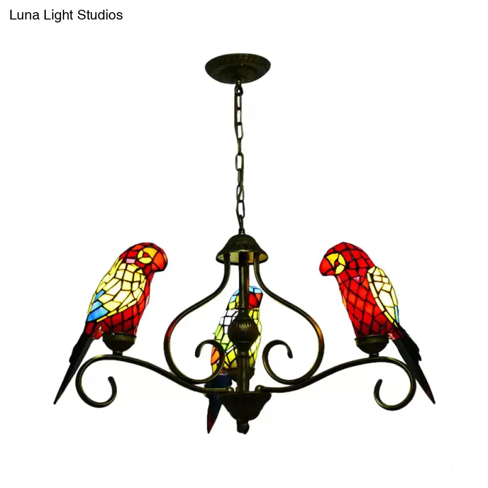 Tiffany-Style Parrot Stained Glass Chandelier In Antique Brass - Ideal For Dining Rooms