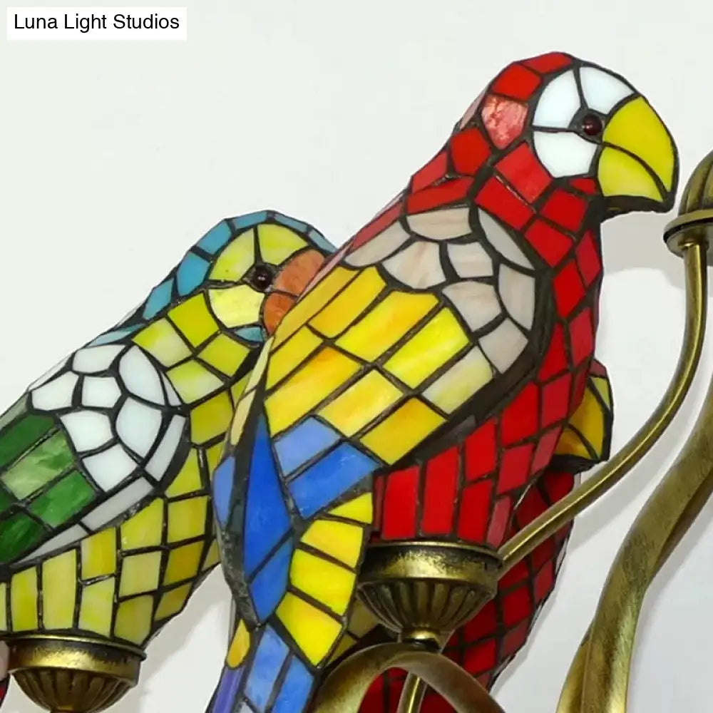 Tiffany-Style Parrot Stained Glass Chandelier In Antique Brass - Ideal For Dining Rooms