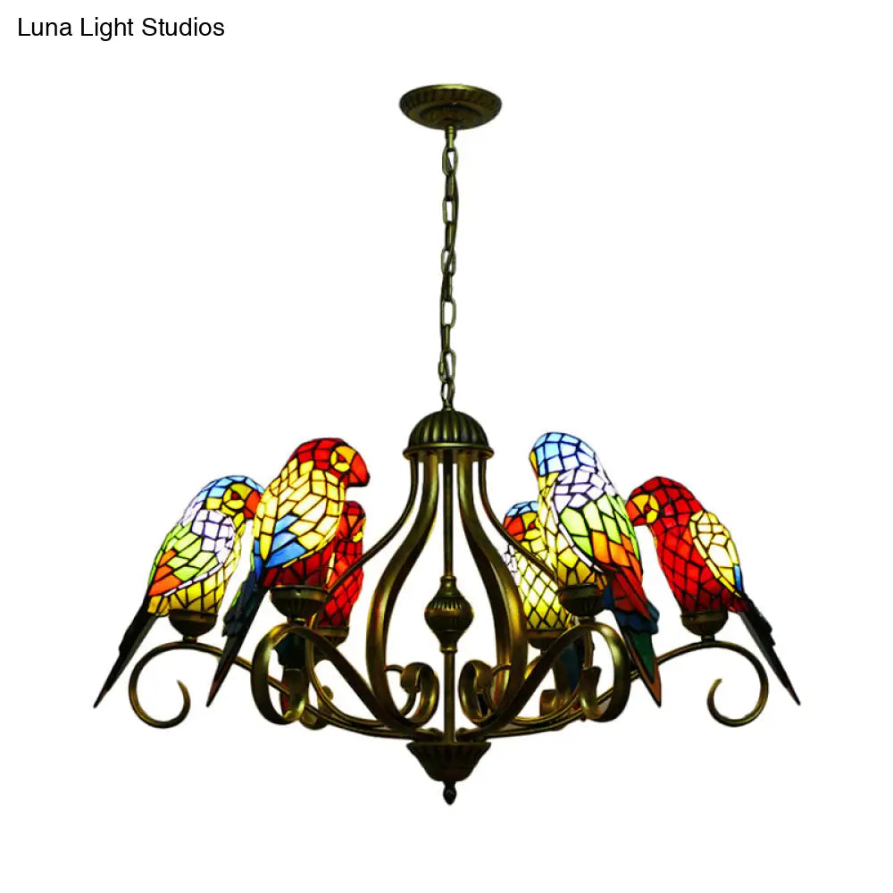 Tiffany-Style Parrot Stained Glass Chandelier In Antique Brass - Ideal For Dining Rooms