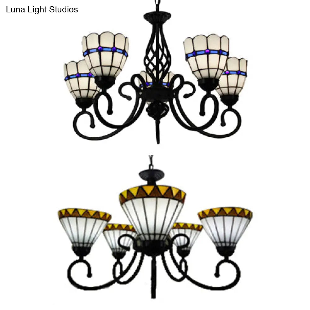 Tiffany Style Stained Glass Chandelier: Curved Arm Pendant Lamp With 5 Yellow/Blue Lights