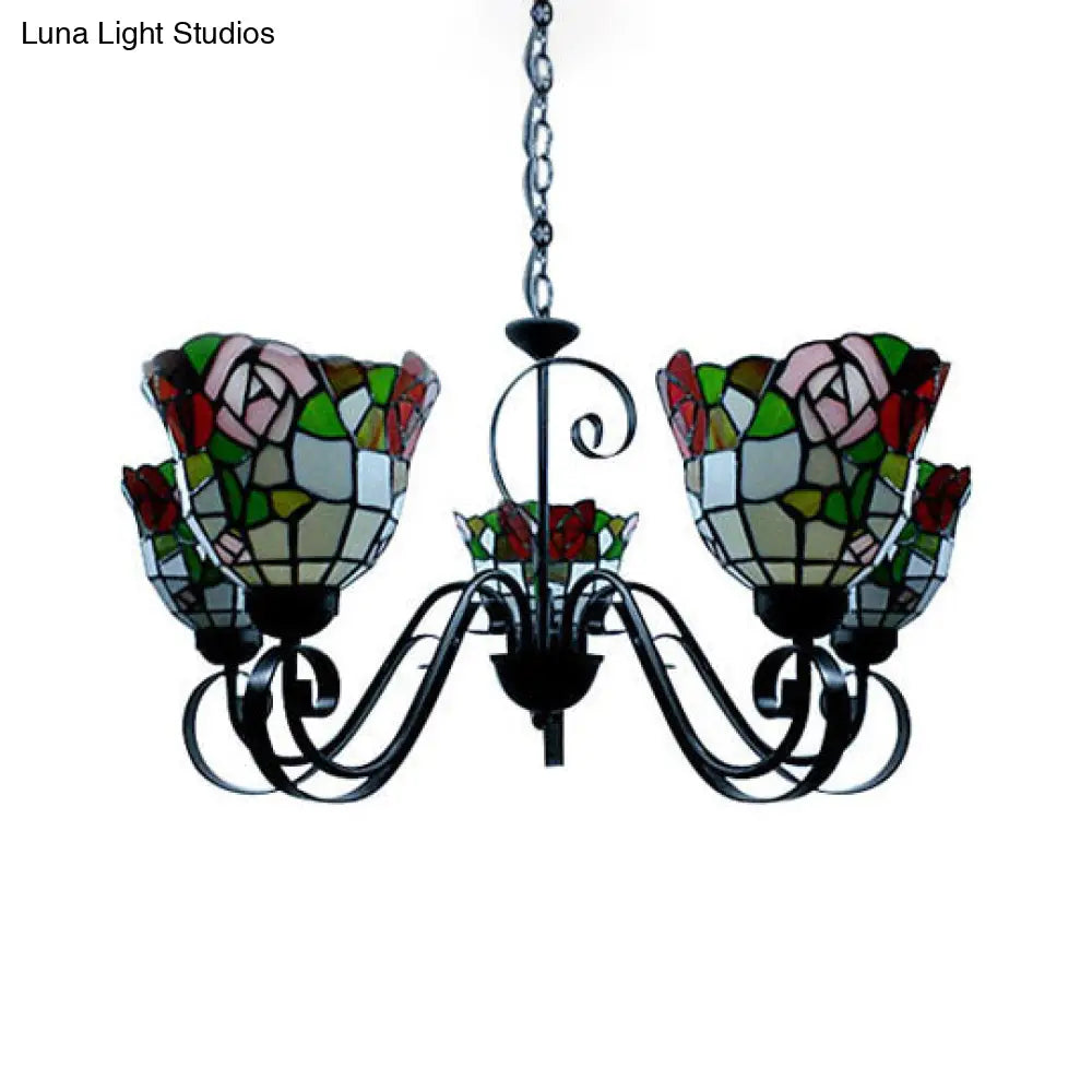 Tiffany Style Stained Glass Chandelier With Flower Design - 3/5 Lights Ideal For Hotels
